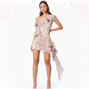 elliatt sahara purple floral one shoulder ruffle asymmetrical mini dress large
